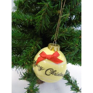 Vintage 1970's Glass Tennis Ball Christmas Ornament Merry Christmas With Red Bow - Picture 1 of 3
