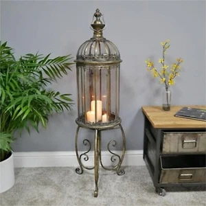 Gold Lantern on Stand Vintage Tall Rustic Antique Style Home Candle Holder Gift - Picture 1 of 4