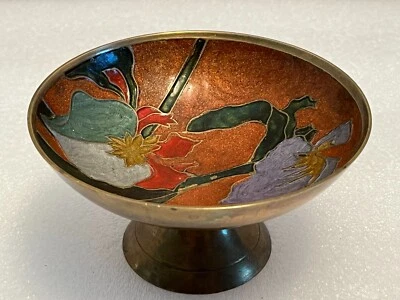 Vintage Solid Brass Made in India Enamel Pedestal Bowl Floral 5" - Image 1 of 4