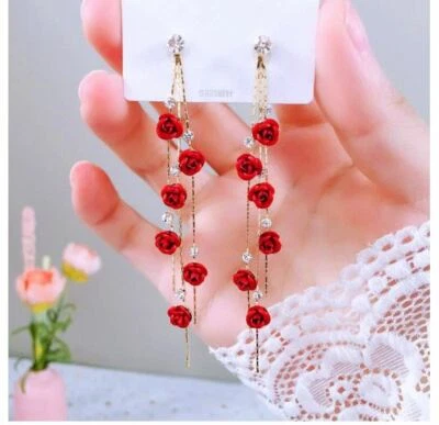 RED ROSE CRYSTAL TASSEL CHAIN DANGLE EARRINGS - Image 1 of 2