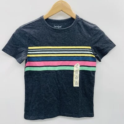 Cat & Jack Boys Small 6/7 Short Sleeve Rainbow Chest Striped T-Shirt Gray 269 - Image 1 of 4