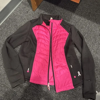 Exertek Womens Jacket Athletic Fleece Pink Black Full Zip Pockets Fitted PL - Image 1 of 4