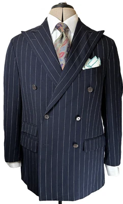 VINTAGE RALPH LAUREN DB SIDE VENTED NAVY PINSTRIPE WOOL/CASHMERE SUIT SIZE 44L - Image 1 of 4