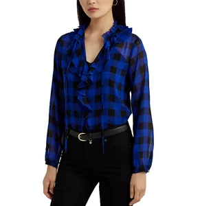 NWT Lauren Ralph Lauren Buffalo Check Ruffled Georgette Blouse Top Small S - Picture 1 of 3