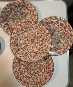 Set of 4 Roseville Red Spongeware Gerald E. Henn Workshop Dinner Plates - Picture 1 of 7