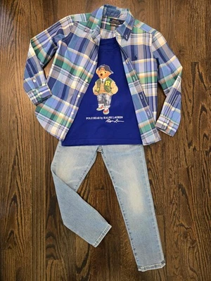 Polo Bear Ralph Lauren Fall Outfit Plaid Button Up Denim Jeans T Shirt 3 Pc Lot - Image 1 of 4
