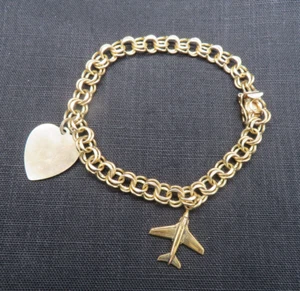 Brazalete con dije de doble eslabón 12K relleno de oro corazón de avión con cierre de seguridad 7 pulgadas - Imagen 1 de 7