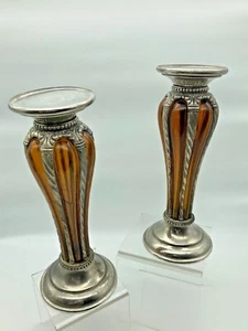 Vintage MCM Pillar Candle Holder Pair Silver Plate & Amber Glass 10" x 4" - Picture 1 of 4