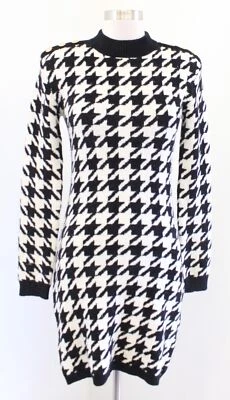 NWT Express Black Cream Houndstooth Mock Neck Mini Fitted Sweater Dress Size S - Image 1 of 4