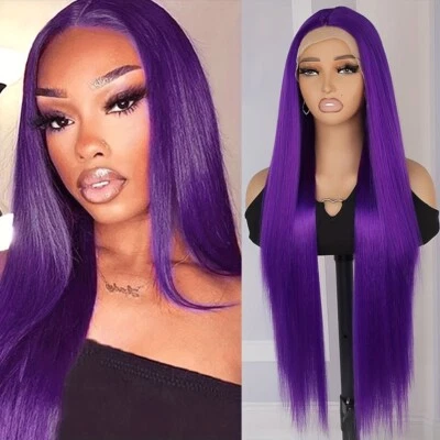 Synthetic Lace Front Wigs Glueless Purple Color Hair Wig Pre Plucked Heat Safe - Image 1 of 4