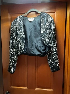 Bolero de noche vintage con cuentas de seda escala/encogimiento de hombros negro PL Foto 1 de 4