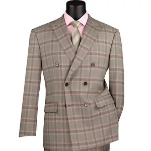 VINCI Men's Light Taupe Glen Plaid Stretch Double Breasted Modern-Fit Suit - NEW - Picture 1 of 3