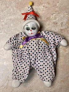 Vintage 9 Zoll Porzellankopf Clown Puppe Polk A Punkte und Schleifen weicher Körper - Bild 1 von 18
