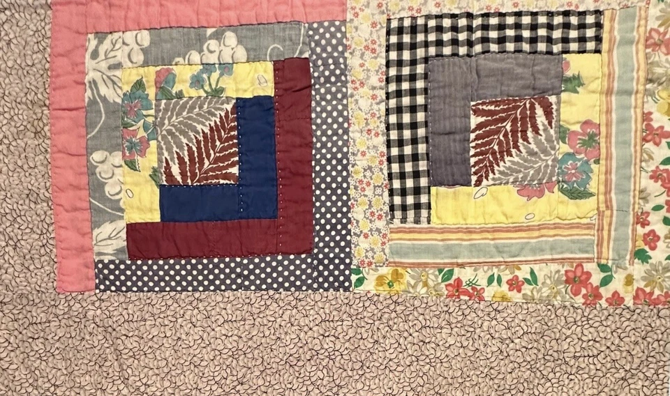 Vintage Cutter Quilt Piece 14” x 22” Log Cabin  Feed Sack Fabrics  #1 - Image 1 of 4
