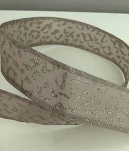 5 yds. LEOPARD PRINT TAUPE & GOLD WIRE EDGE RIBBON 1 1/2" Wide - Picture 1 of 2