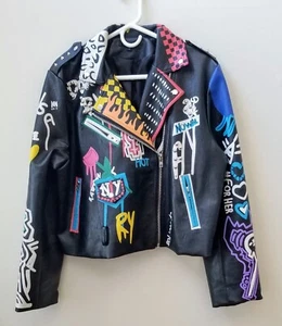 For Her NYC Faux Leather Graffiti Jacket,Punk Rock Love Art Fashion RARE - Picture 1 of 9
