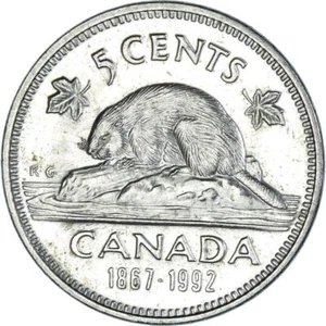 Canada 5 Cents Coin | Queen Elizabeth II | Beaver | Maple Leave | 1992 - Picture 1 of 6