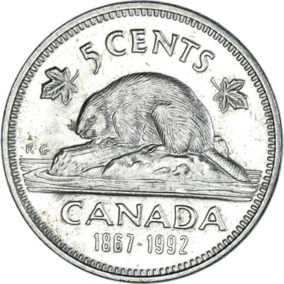 Canada 5 Cents Coin | Queen Elizabeth II | Beaver | Maple Leave | 1992 - Image 1 of 4