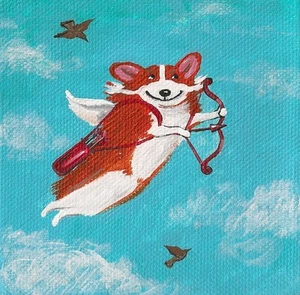 4X4 PRINT OF PAINTING RYTA PEMBROKE WELSH CORGI VALENTINES DAY ANGEL CUPID GIFT - Picture 1 of 1