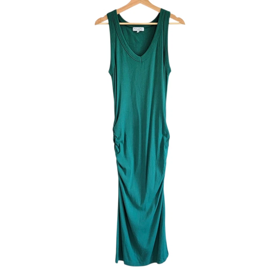 Michael Stars Dress Large Ultra Rib Lori Bodycon V-Neck Midi Green Ruched USA - Image 1 of 4
