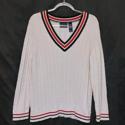 VTG Crazy Horse White Cable Knit V Neck Tennis Varsity Preppy Sweater Wmn's XL - Image 1 of 4