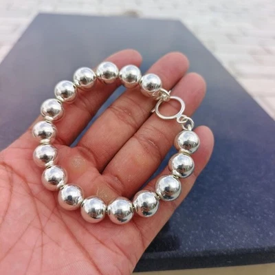925 Silver Beaded Chain Bracelet Shiny Ball Design Handcrafted Luxe Bangle Q75 - Image 1 of 4