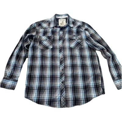 Coastal Western Shirt Men's Large Teal/Black Plaid Pearl Snap Long Sleeve Cowboy - Image 1 of 4