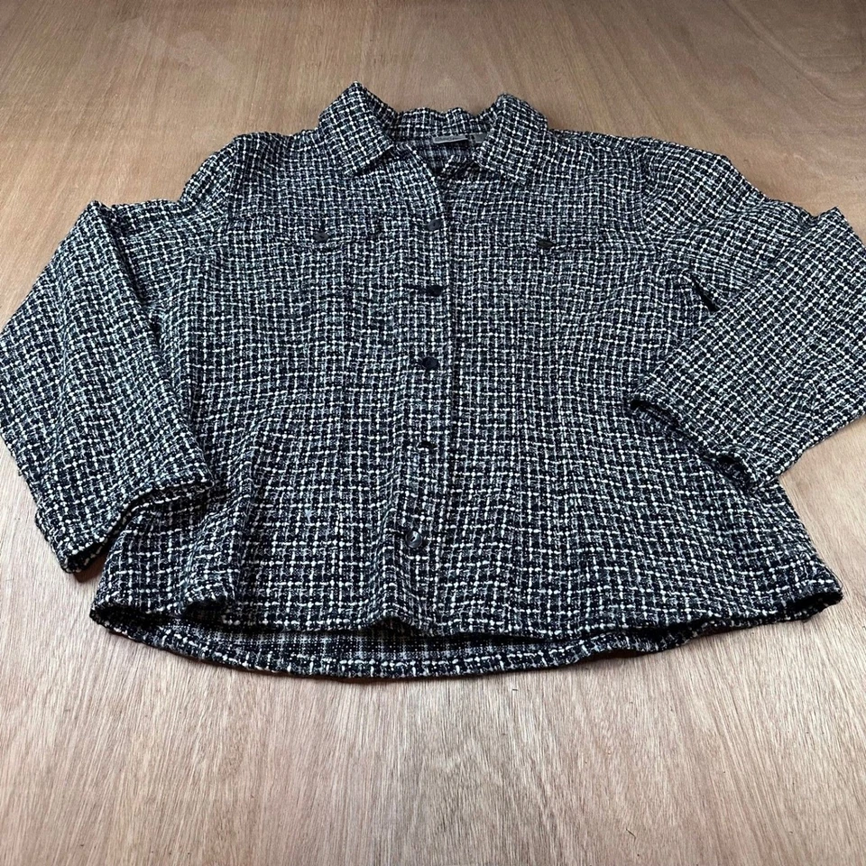 Chaqueta Blazer Abrigo Chico’s Talla 3 Negro Blanco Tweed Texturizado Botón Frontal XL Foto 1 de 4