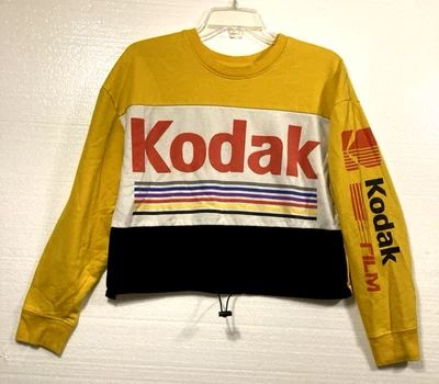 Sudadera corta con logotipo Kodak para mujer M amarilla negra con dobladillo con cordón de palanca Foto 1 de 4