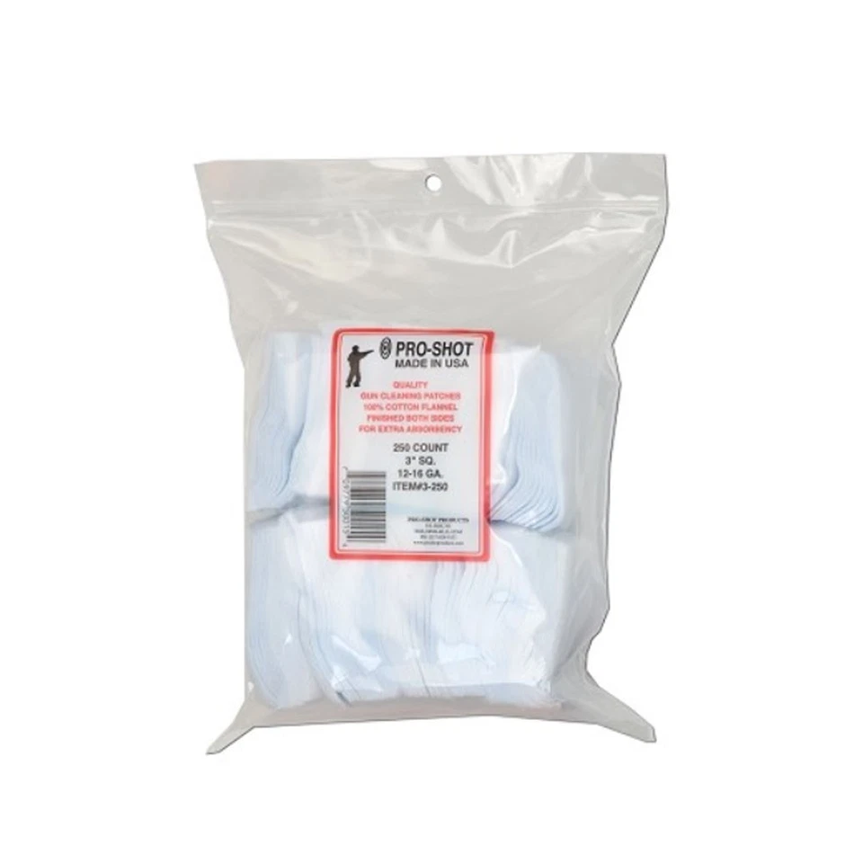 Pro-shot Cotton Flannel Patches 12-16 Gauge 3 Inch Square 250 per Bag
