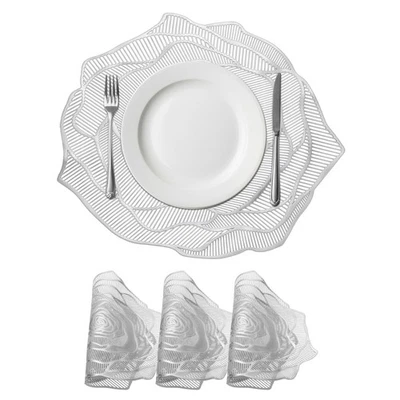 Juego de 4 manteles individuales redondos de vinilo metálico prensado rosa floral, plateados Foto 1 de 4