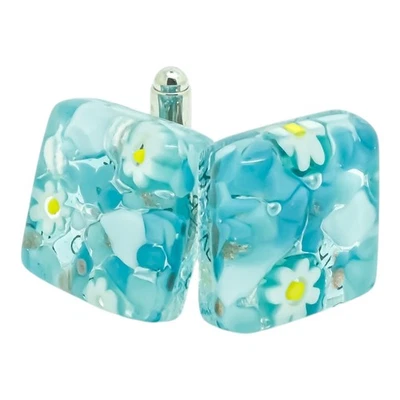 Murano Glass Cufflinks Light Blue White Yellow Millefiori Pair Square - Image 1 of 4