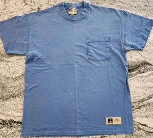 VINTAGE 90S RUSSELL ATHLETIC SHIRT MENS MEDIUM BLUE FADED POCKET USA COTTON - Bild 1 von 10