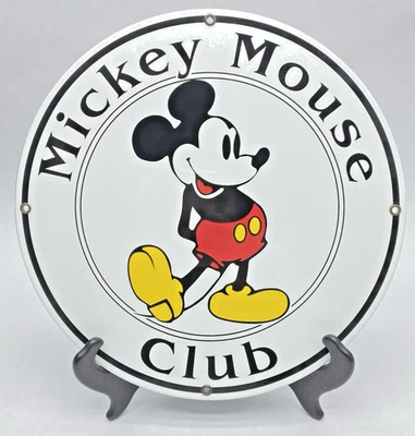 Letrero de bomba vintage de metal pesado de porcelana blanca de Mickey Mouse Club 11,75" Mancave Foto 1 de 4