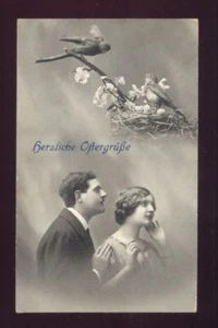 RPPC Vögel im Nest ausländisches ROMANTISCHES PAAR POSTKARTE - Bild 1 von 1