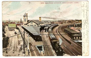 1906 RAILROAD STATION Bridgeport CT TRAIN Steam Locomotive TRACKS Photo Postcard - Picture 1 of 2