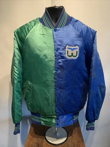 Vintage Hartford Whalers NHL Hockey Snap Satin Varsity Jacket Mens Sz Large Vtgo Cover