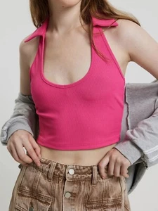 Women Ribbed Crop Top Medium M Pink-Magenta halter Neck Backless Sleeveless - Picture 1 of 14