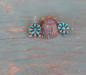 Vintage Sterling Silver Turquoise Cluster Squash Blossom Earrings - Picture 1 of 4