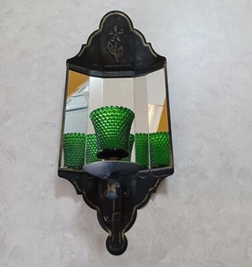 Vtg Metal Curved Mirror Votive Candle Wall Sconce Black - Hobnail Green Glass - Picture 1 of 16