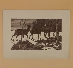 Frente de tarjeta de Navidad vintage, impresión xilográfica de ciervo por D. C. - sin reverso, tarjeta #2 - Imagen 1 de 2