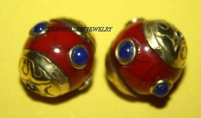 Nepal beads 2 Nepalese Beads Tibet Beads handmade beads Lapis beads coral B102 - Image 1 of 3