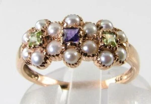 SUFFRAGETTE 9K 9CT ROSE GOLD AMETHYST PERIDOT PEARL 3 DAISY ART DECO INS RING - Picture 1 of 6