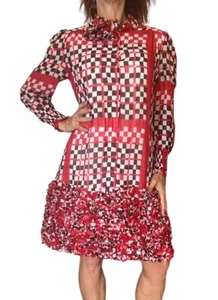 MIMISOL GIRL'S CHECKERED RED VOILE SILK DRESS LONG SLEEVE RUFFLED ITALY TEEN 18 - Picture 1 of 12
