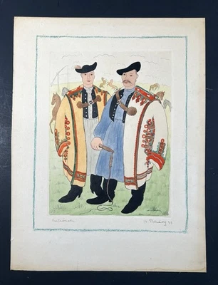 Impresión coloreada a mano Istvan Pekary 1938 “Csikosok” arte popular húngaro 9,5x12,5 Foto 1 de 4