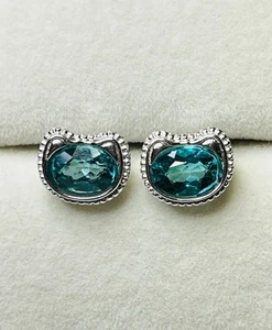 925 Sterlingsilber natürliche blaue Paraiba Topas Kätzchen Kätzchen Katze Ohrstecker - Bild 1 von 10