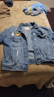 Celebrity Pink Womans L Boyfriend Jacket Denim Distressed Love Bus Patch  - Image 1 of 4