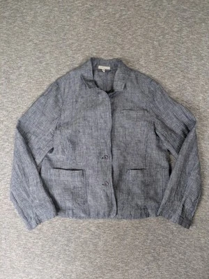 Eileen Fisher - Navy blue striped linen blazer, Large Momcore Preppy Hipster - Image 1 of 4