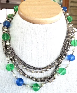 Vintage Green & Blue Plastic Faux Pearl Bead Gold Tone Chain Necklace 55" Spring - Picture 1 of 6