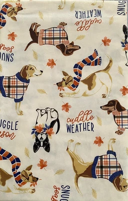 MAINSTREAM Fall Vinyl Tablecloth Flannel Backed 60" Rd Cream Autumn Dogs Cuddle Weather NEW